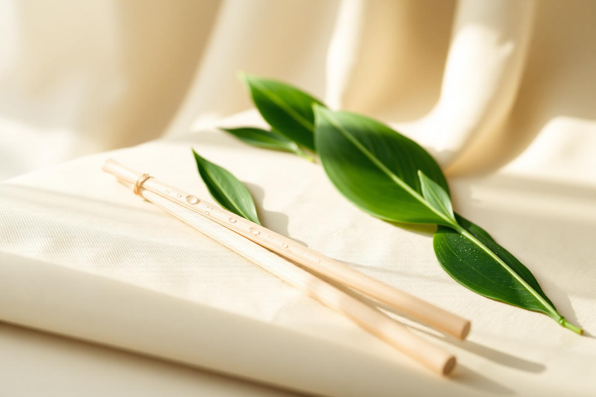 Natural miswak sticks with fresh green leaves on cream linen